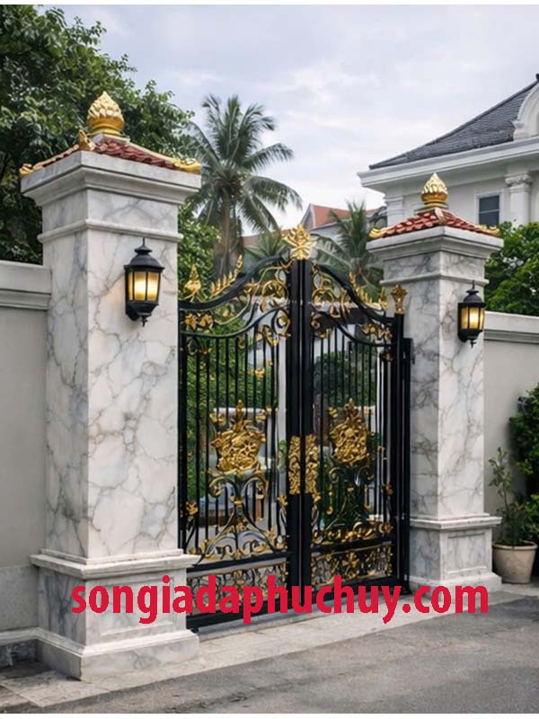 cột cổng sang trọng bởi vân giả đá marble xám