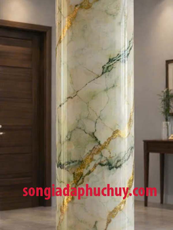 vân đá cẩm thạch màu xanh dát vàng đẹp cho mẫu cột tròn